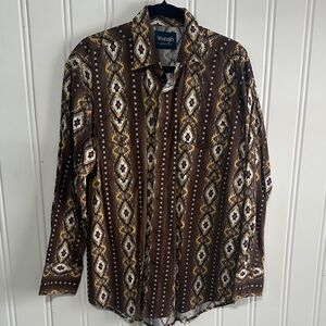 Wrangler Western Snap Shirt Brown White Yellow Southwestern Aztec Print Cotton L